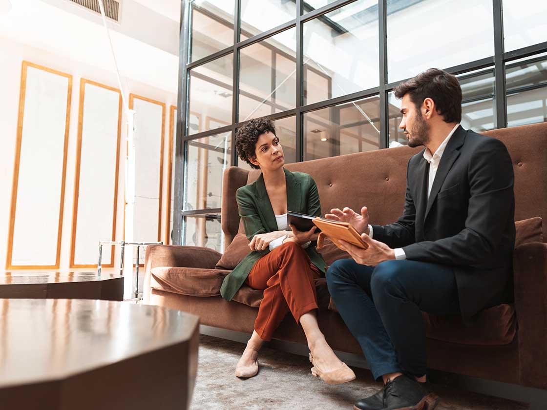 Expert, couple, businessman, sofa, workplace